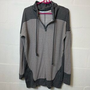Maurices Gray Stripe V-Neck Drawstring Long Sleeve Hoodie